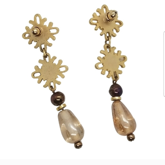 VINTAGE ORNATE GOLDTONE WITH ART GLASS BEADS & CABACHONS STATEMENT DROP EARRINGS - Picture 4 of 4